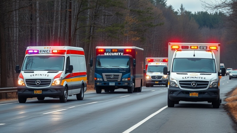 Emergency vehicles respond to incident near wooded area.
