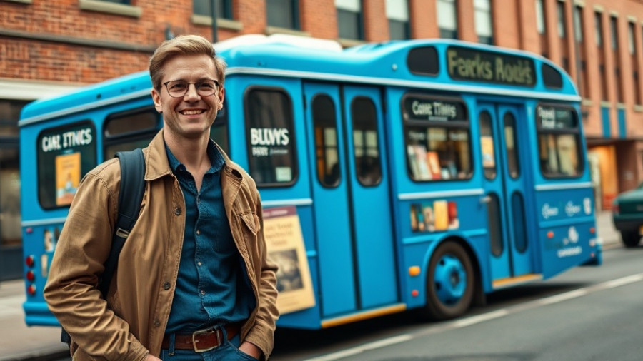 Man by vibrant blue bus, Austin lifestyle store.