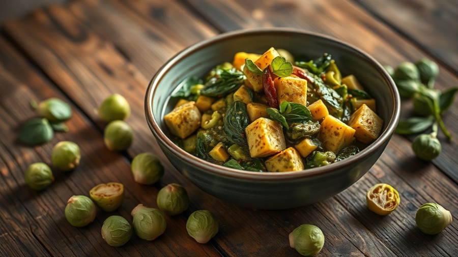 Rustic Brussels sprout and spinach saag tofu dish on wooden table.