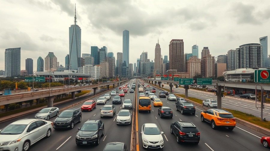 Busy highway in front of skyscrapers, depicting urban traffic.