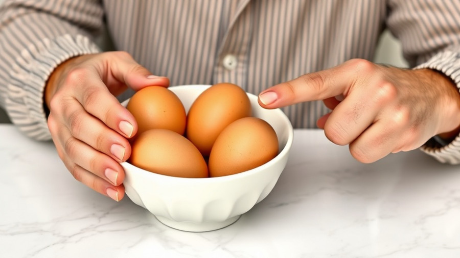Man highlighting health benefits of eating eggs daily with four eggs in a bowl.