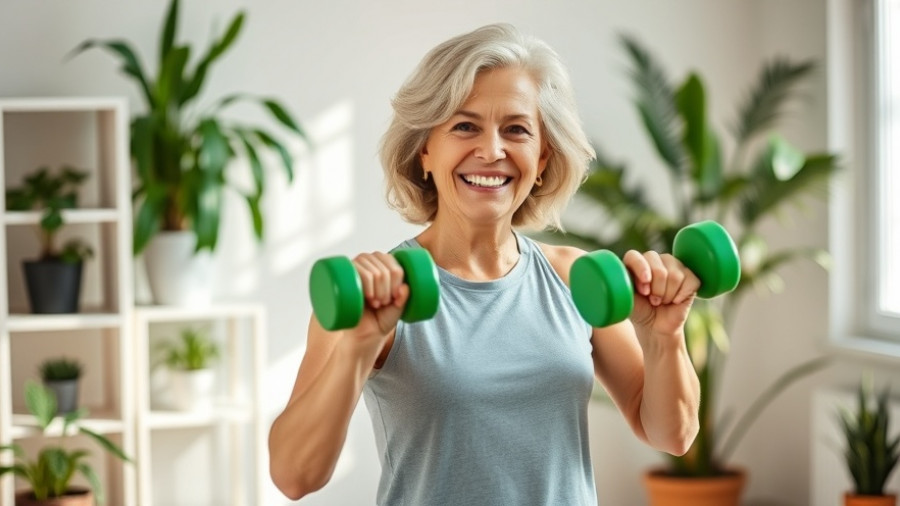 Older woman exercising at home with dumbbells, health and wellness.