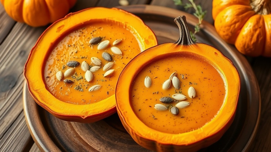 Delicious pumpkin soup recipe served in pumpkin halves on rustic table.