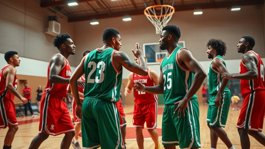 Basketball players in a vibrant action scene on the court.