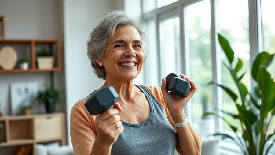 Elderly woman lifting dumbbells for fitness tips for healthy aging.