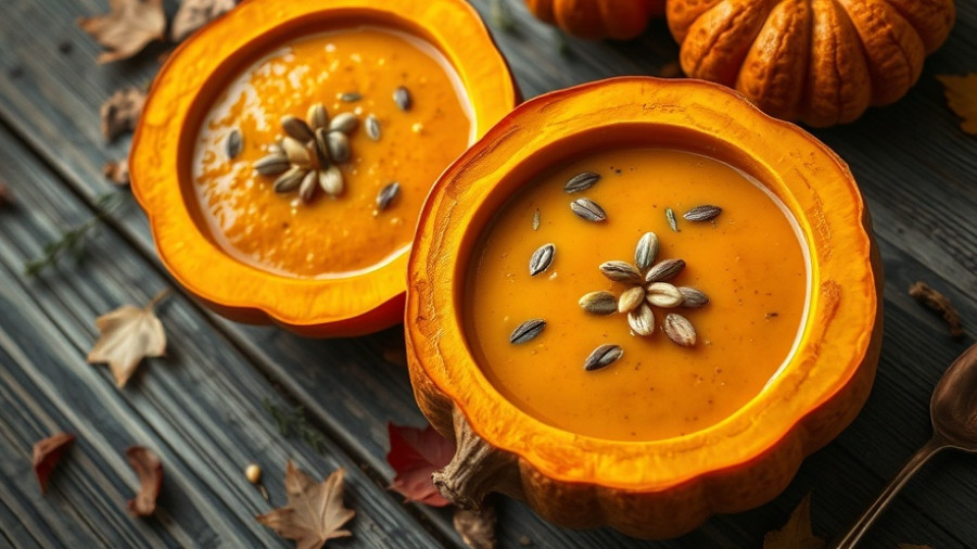 Rich pumpkin soup recipes served in halved pumpkins garnished with seeds.