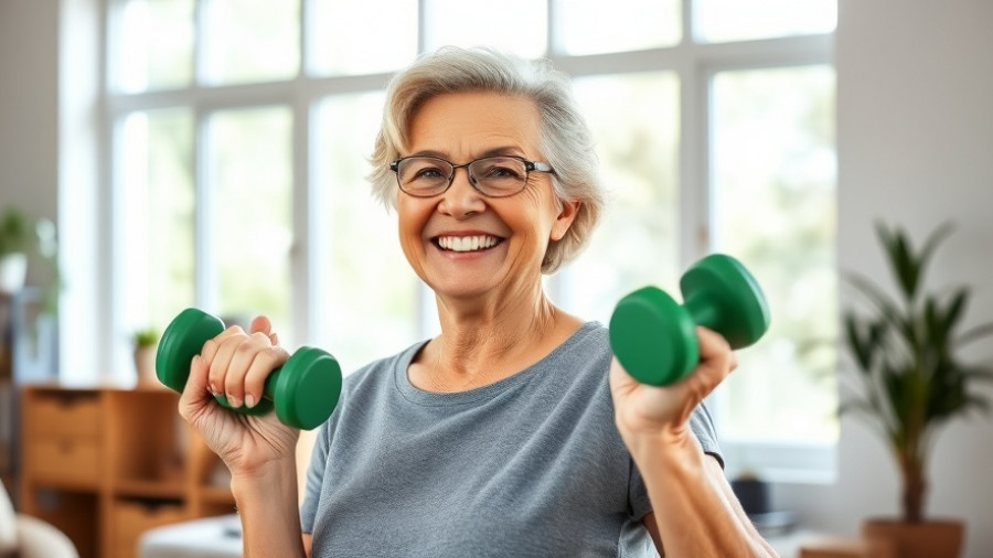 Older woman working out with dumbbells at home, showcasing fitness tips for older adults.