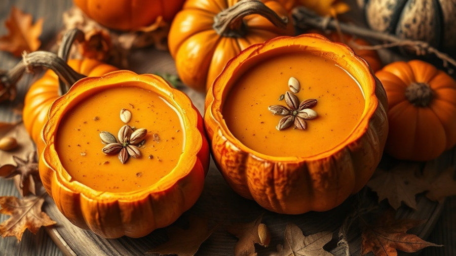 Delicious pumpkin soup recipe served in pumpkins, garnished with herbs.