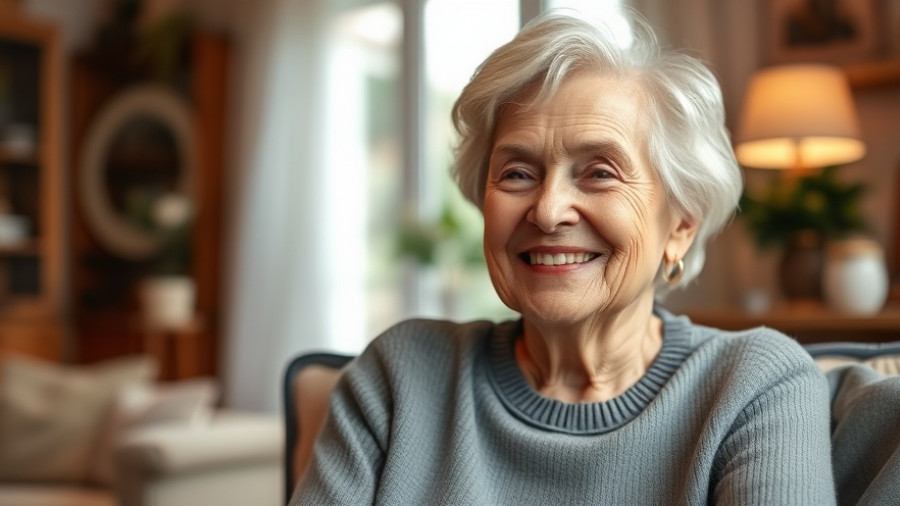 Elderly woman smiling softly indoors, warm natural lighting.