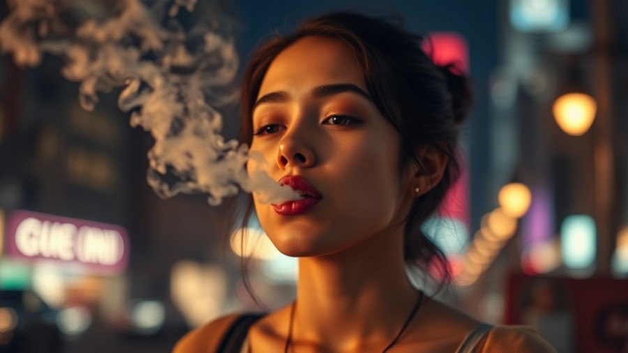 Woman vaping with city lights backdrop and swirling vapor.