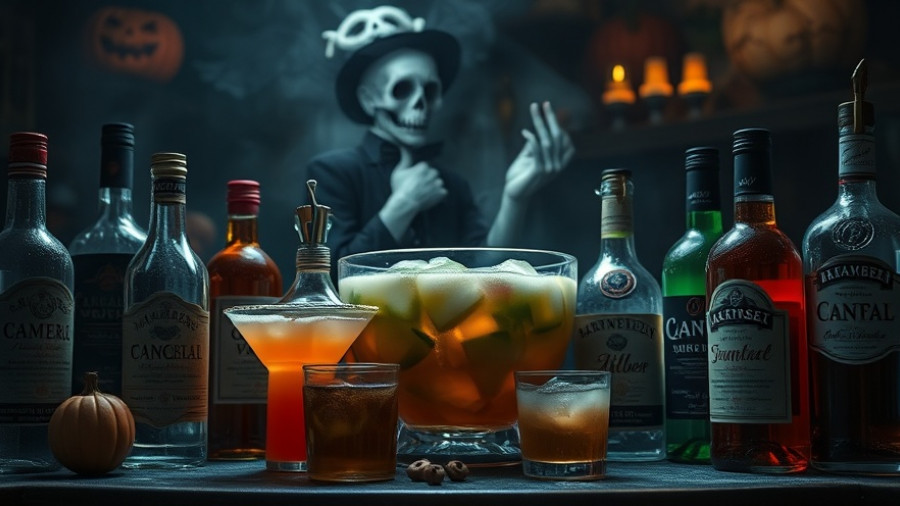 Halloween-themed Devil's Ichor cocktail recipe setup with spooky ingredients.