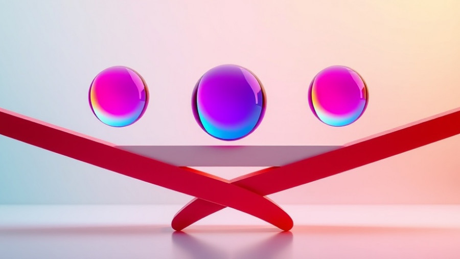 Colorful glass spheres balancing on red beams, serene modern art