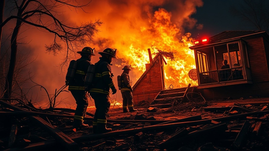 Firefighters investigate a manor fire scene at night.