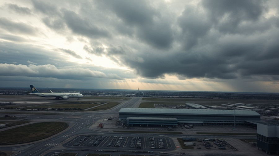 Aerial view of Houston airport under overcast skies, showing infrastructure.