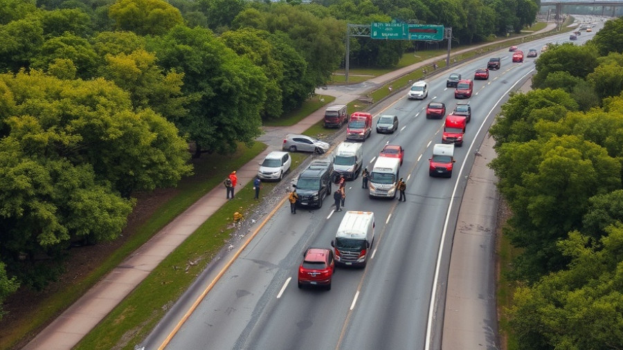 Aerial view of multi-vehicle crash on I-10 East with responders.