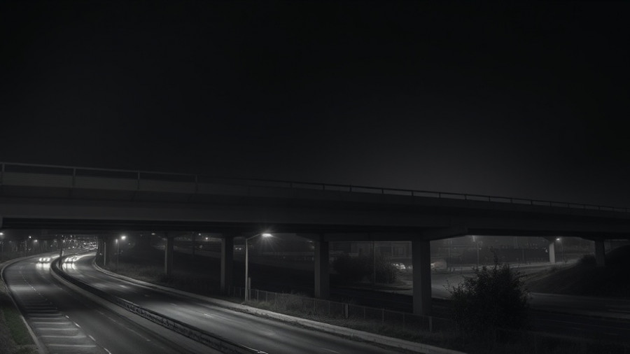 Night view of Houston freeway overpass during homicide investigation.