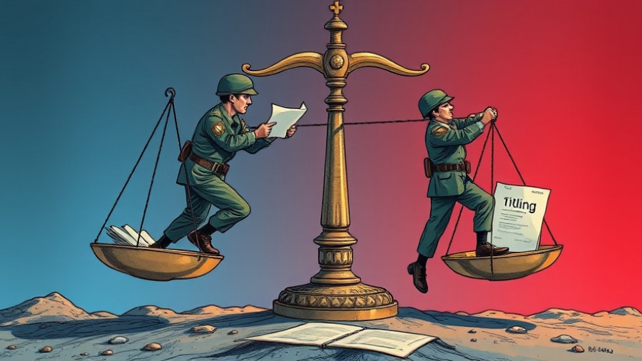 Illustration of military titling process with soldiers and justice scales.