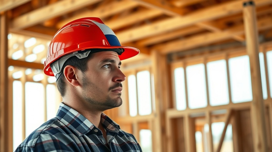Construction worker with Texas flag hard hat inspecting building, wage theft complaints in Texas.