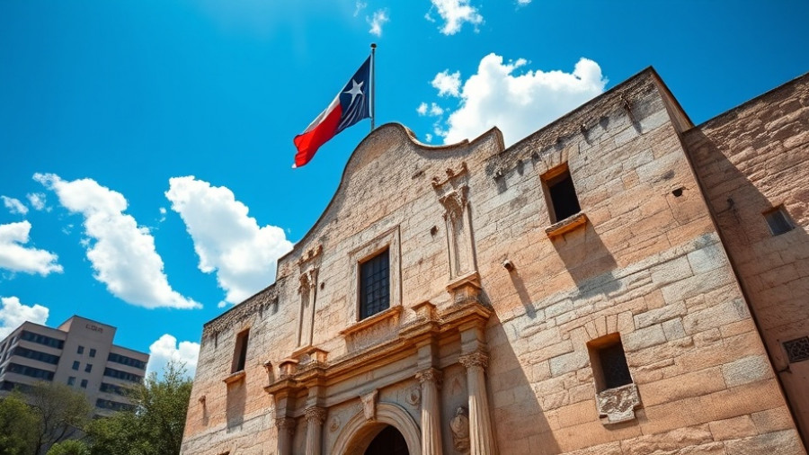 Historic Alamo facade with Texas flag unfurled, daylight view.