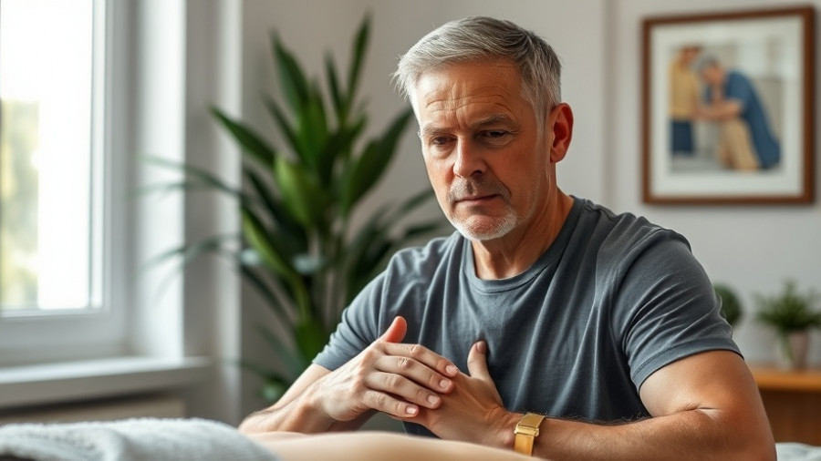 Middle-aged man demonstrates lymphatic massage technique indoors.