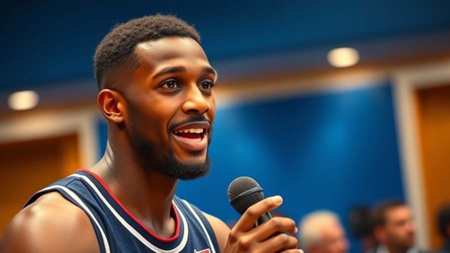 Confident basketball player speaking at a media event