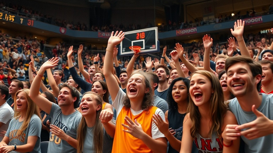 Sports fans interacting playfully at a basketball game, highlighting fan engagement in sports.