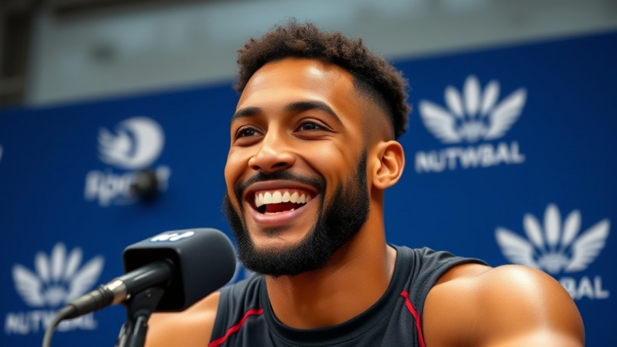 Energetic athlete speaking at a press conference, confident expression