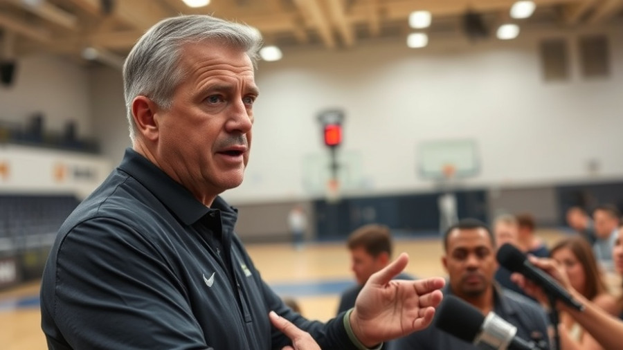 Sports coach at press conference discussing game with media.