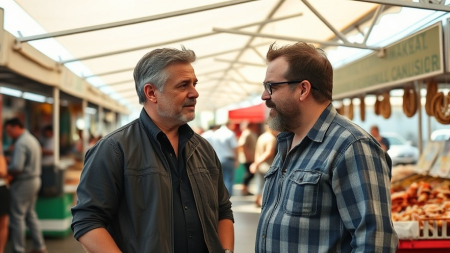 People talking at outdoor seafood market, sustainable seafood cookbook setting.