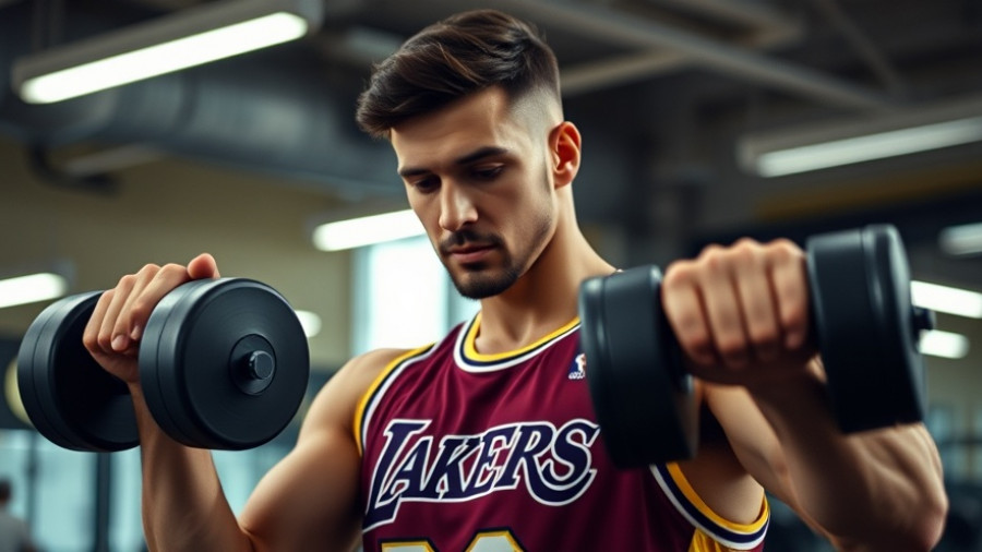 NBA on ESPN: Athlete lifting weights in Lakers jersey.