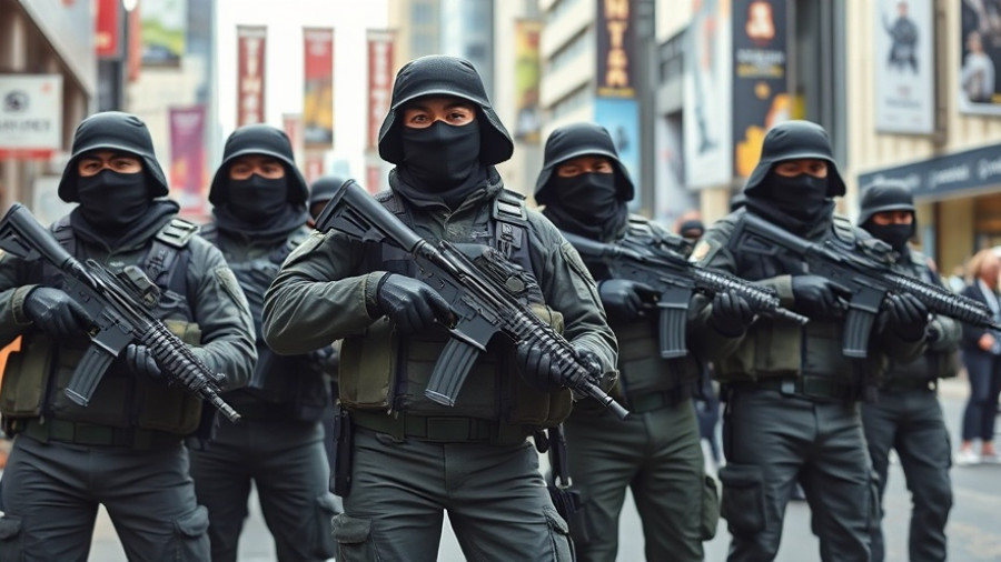 Masked individuals in military gear during an outdoor gathering.