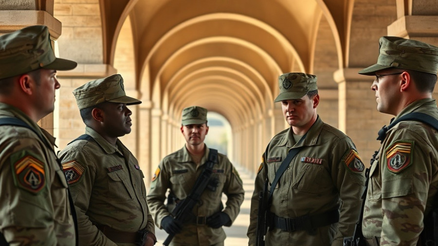 National Guard soldiers in arched corridor discussing deployment lawsuit.