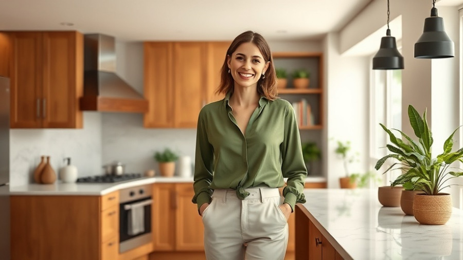 Elegant woman in modern kitchen exemplifies Austin lifestyle.