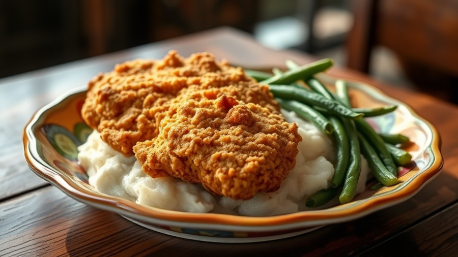 Crispy chicken fried steak at Prego Pasta House with sides of green beans and cream sauce on a colorful plate.