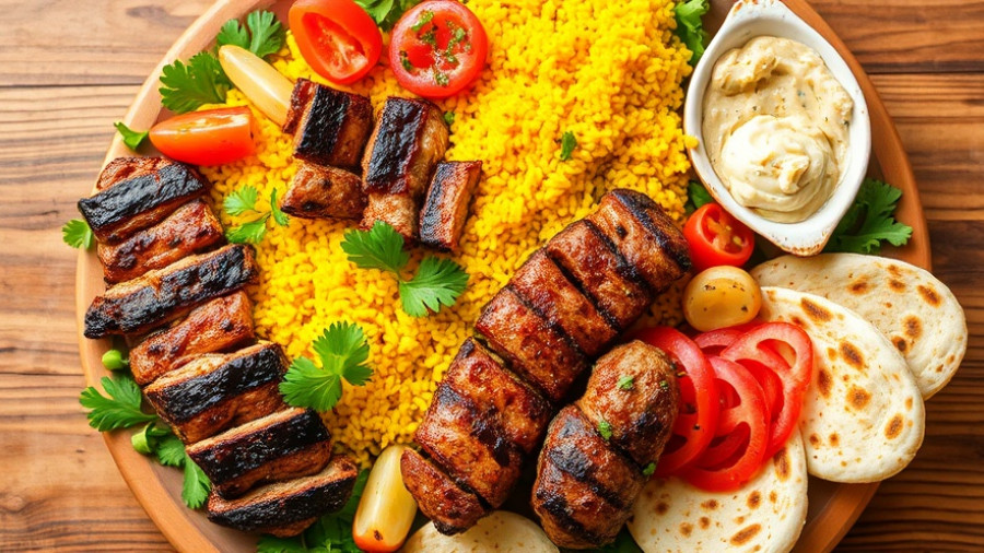 Fresh Mediterranean comfort food displayed on a wooden table in Dallas.