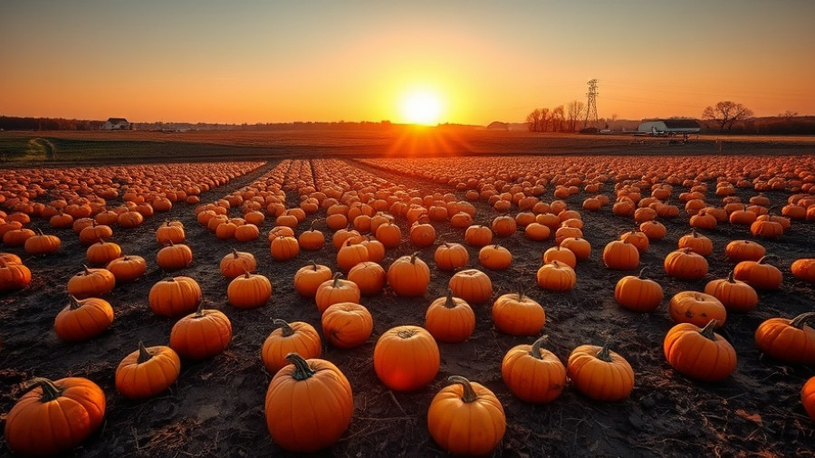 Vast pumpkin field at sunset, ideal for how to use leftover pumpkins.
