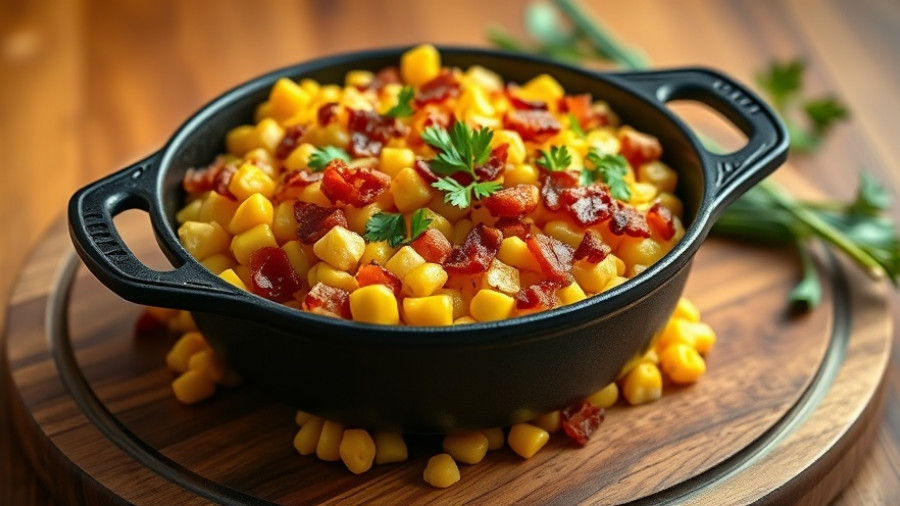 Vibrant Southern fried corn recipe with bacon in cast iron skillet.