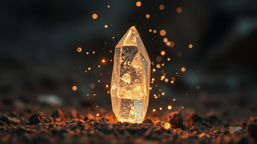Crystal glowing with warm lights, altering matter on textured ground.
