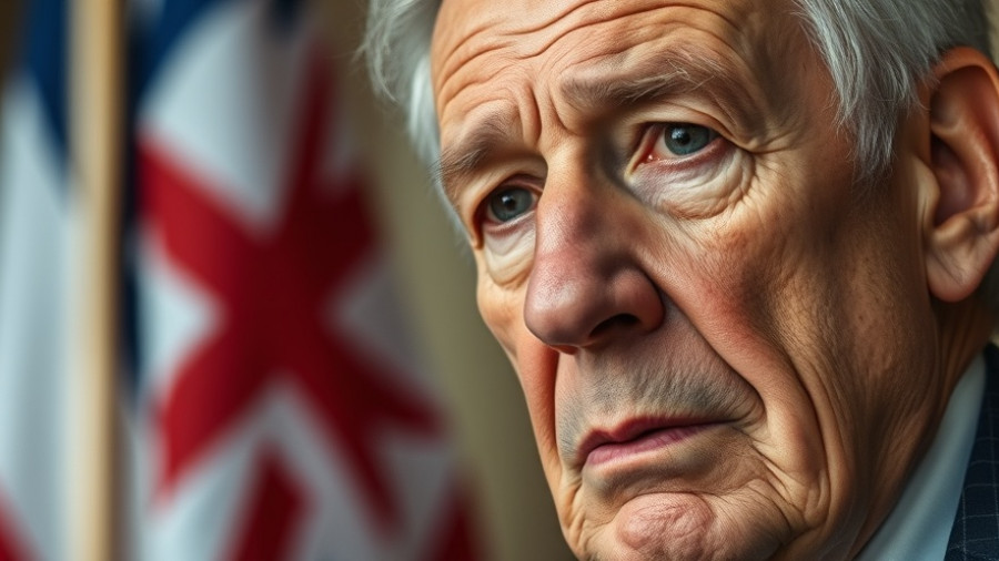 Close-up of concerned elderly man in front of flags, related to U.S.-Canada trade tensions.