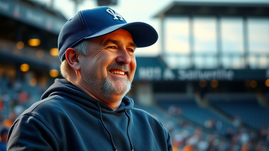 Don Mattingly in blue baseball attire at stadium, smiling during conversation.