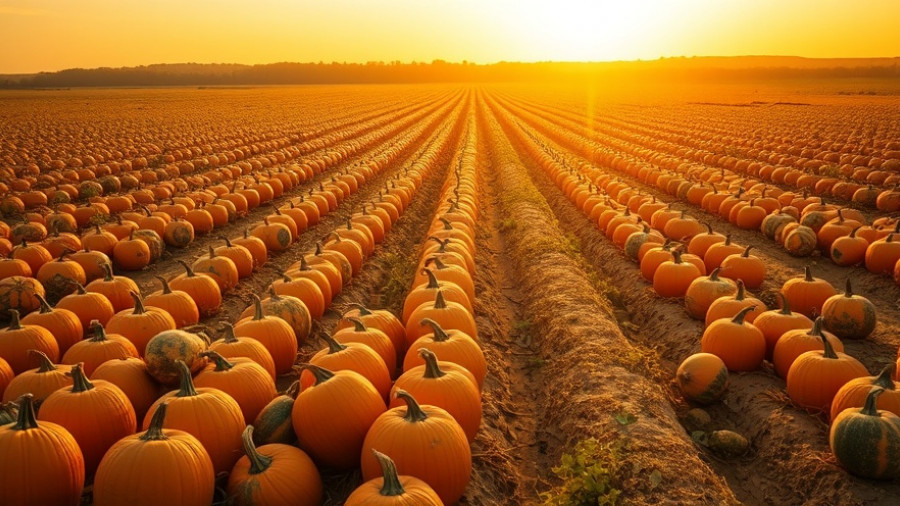 Expansive pumpkin field at sunset highlighting autumn harvest.