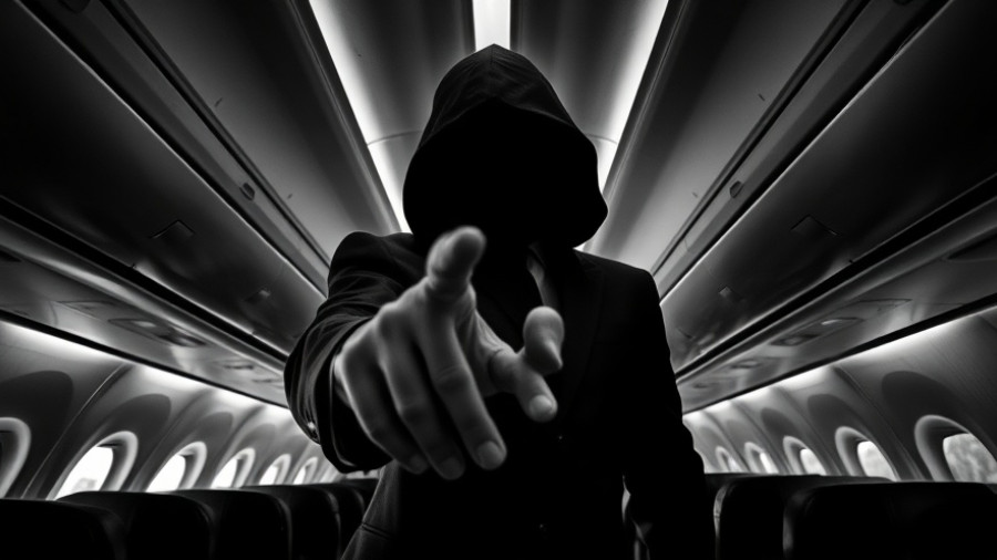 Mysterious faceless masked figure in a Halloween costume inside an airplane