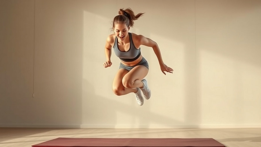 Energetic woman doing plyometric exercises on a mat, indoor setting.