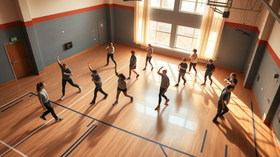 Adolescents exercising on gym floor, enhancing physical fitness and teamwork.