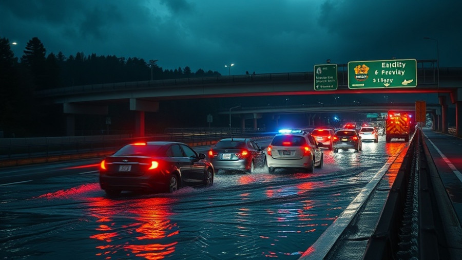 High Water Houston North Freeway at night, I-45 traffic caught in flood.