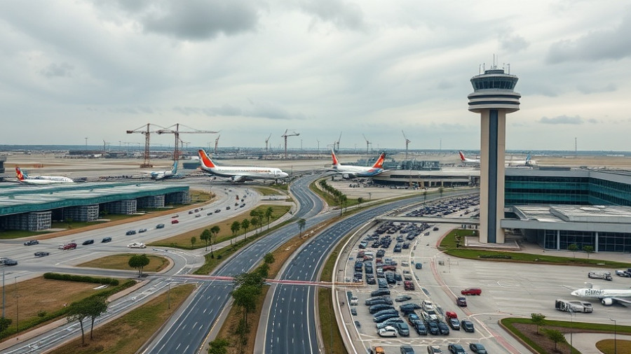 Houston airport ground stop with parking and control tower under cloudy skies