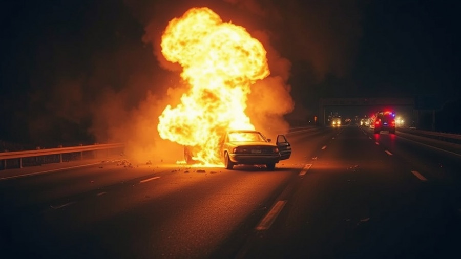 Nighttime car fire from wrong-way crash on I-45.