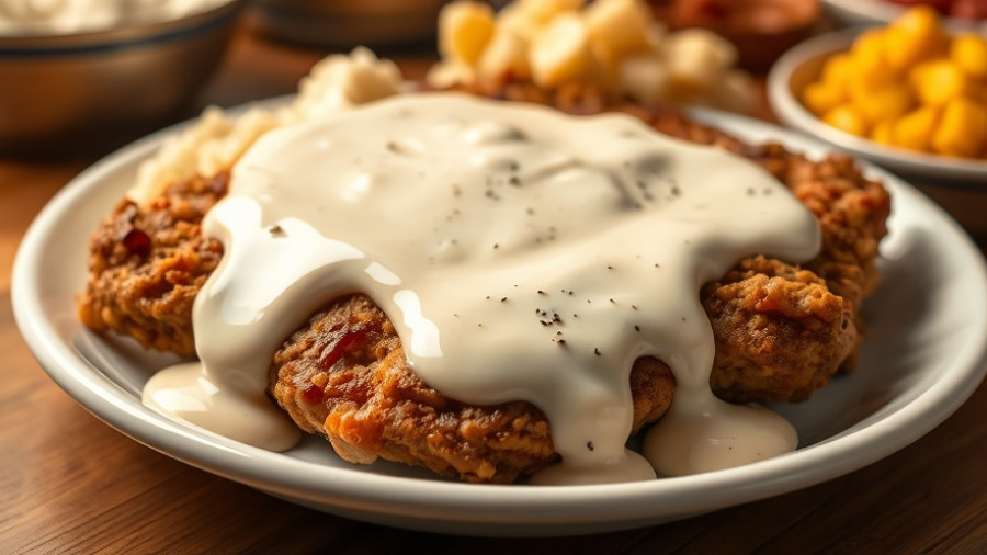 Chicken fried steak with gravy on a plate; history and taste.