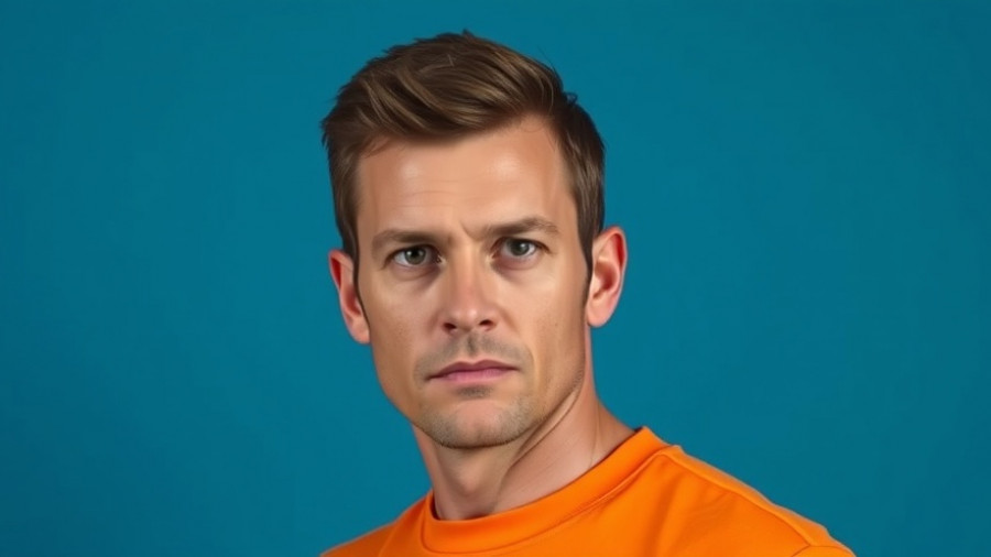 Serious-looking man in orange shirt with calm expression against blue background.