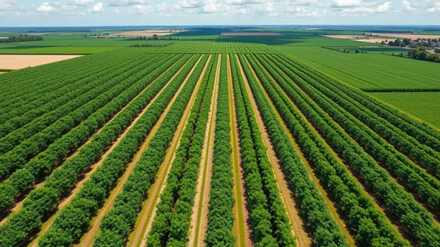 Aerial view of vast farmland and orchards, possible water scarcity context